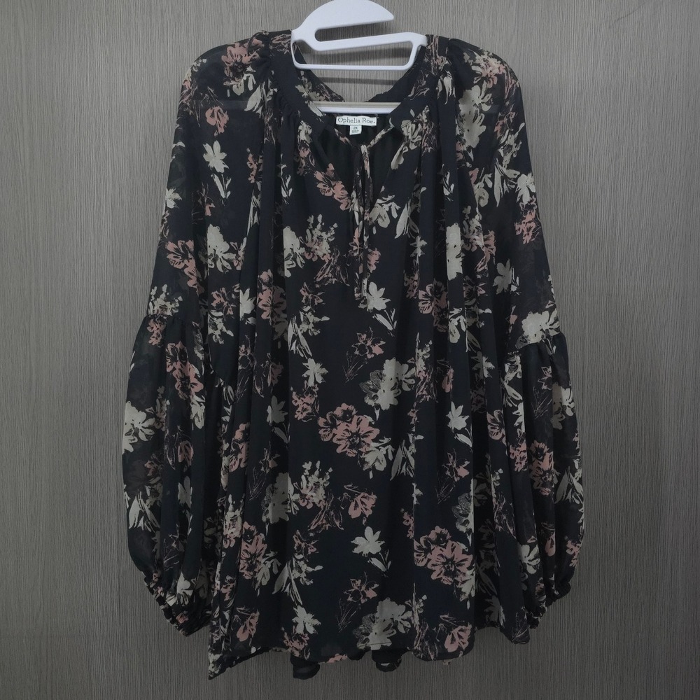 Ophelia Roe Floral Chiffon Balloon Sleeve Peasant Boho Blouse Womens 2X